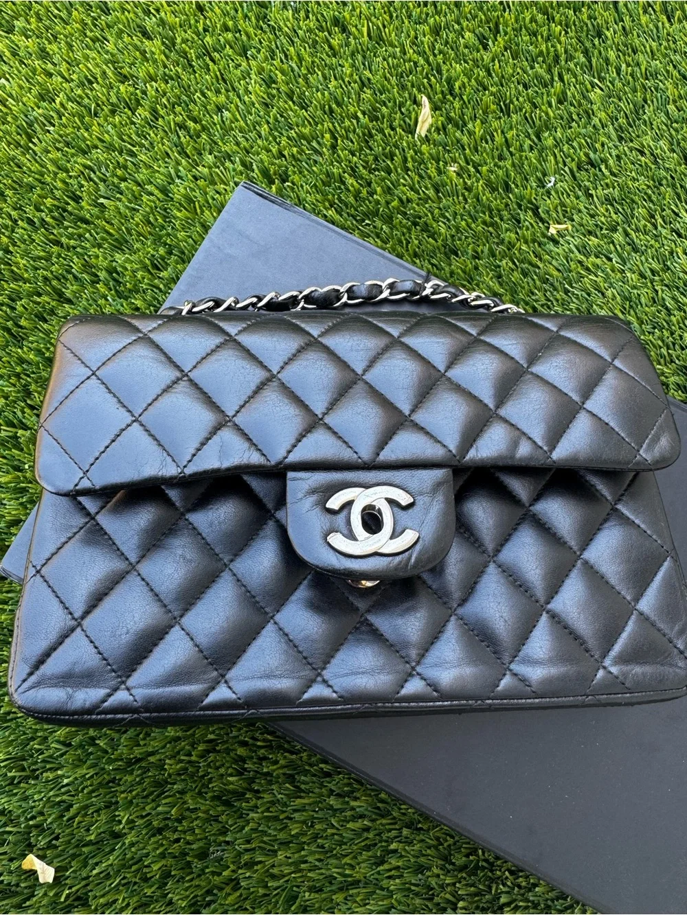 CHANEL Black Quilted Lambskin Shoulder Bag with Silver CC Lock